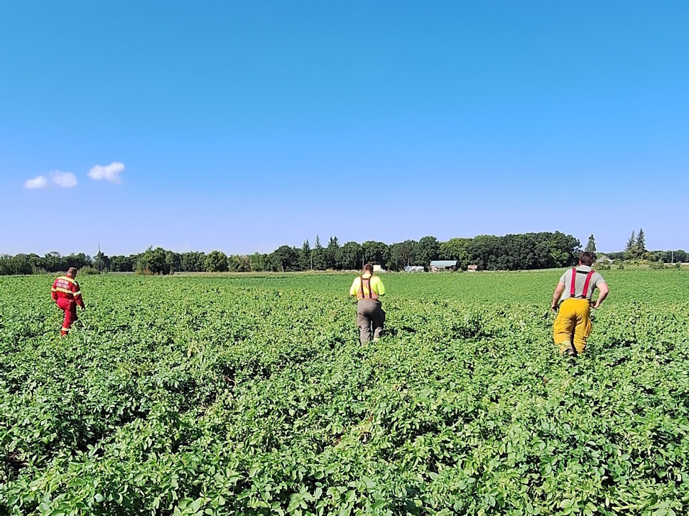 Austin Fire Department members search nearby fields, after witnesses reported seeing five individuals flee the scene of a rollover near PR 352 and Road 68W. Submitted Photo/Austin MB Fire Department