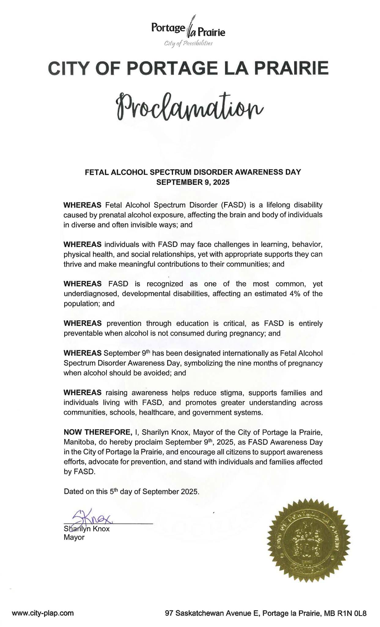 The official FASD Awareness Day proclamation