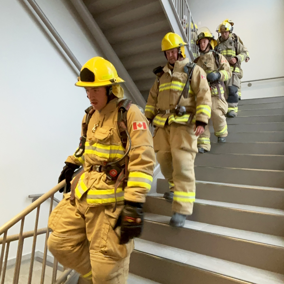 Firefighter Bergmann (left) taking part in the 9/11 stair-climb on Thursday.