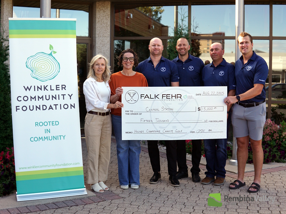 (left to right) Winkler Community Foundation Executive Director Myra Peters, Central Station Executive Director Anita Wiebe, Falk Fehr Foundation's Marlin Froese, Eric Fehr, Corey Derksen, and Justin Falk