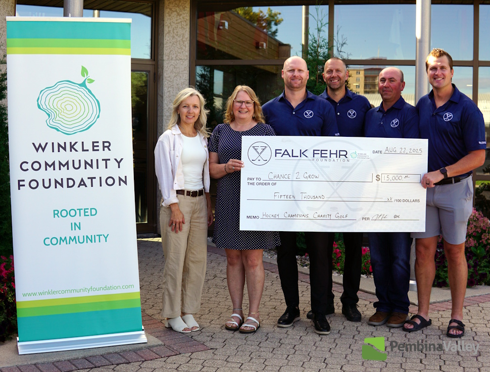(left to right) Winkler Community Foundation Executive Director Myra Peters, Chance 2 Grow Community Support Coordinator Sara Martens  , Falk Fehr Foundation's Marlin Froese, Eric Fehr, Corey Derksen, and Justin Falk