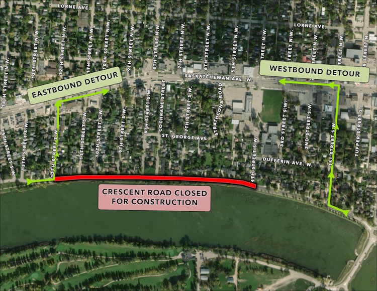 Map showing the full road closure of Crescent Road West from 4th Street SW to 12th Street SW in Portage la Prairie, with detour routes marked.