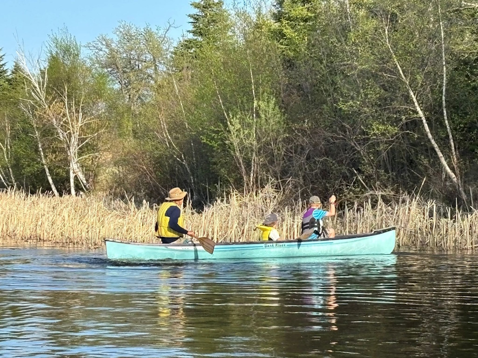 Two people paddling a canoe on a calm lake, wearing life jackets and enjoying the outdoors.