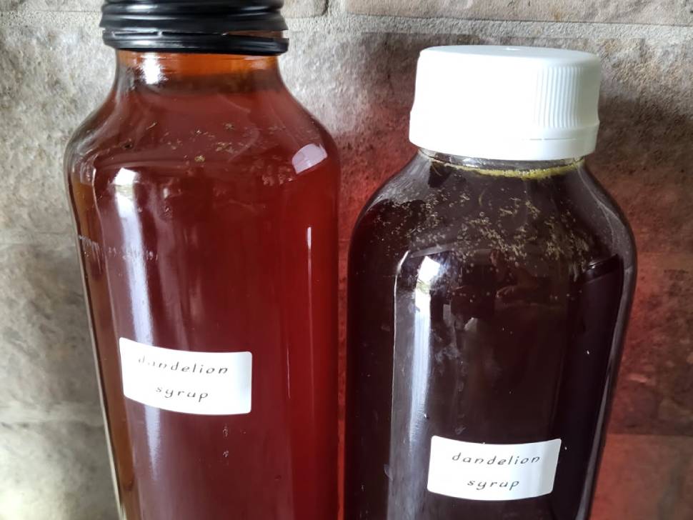 Bottle of homemade dandelion syrup