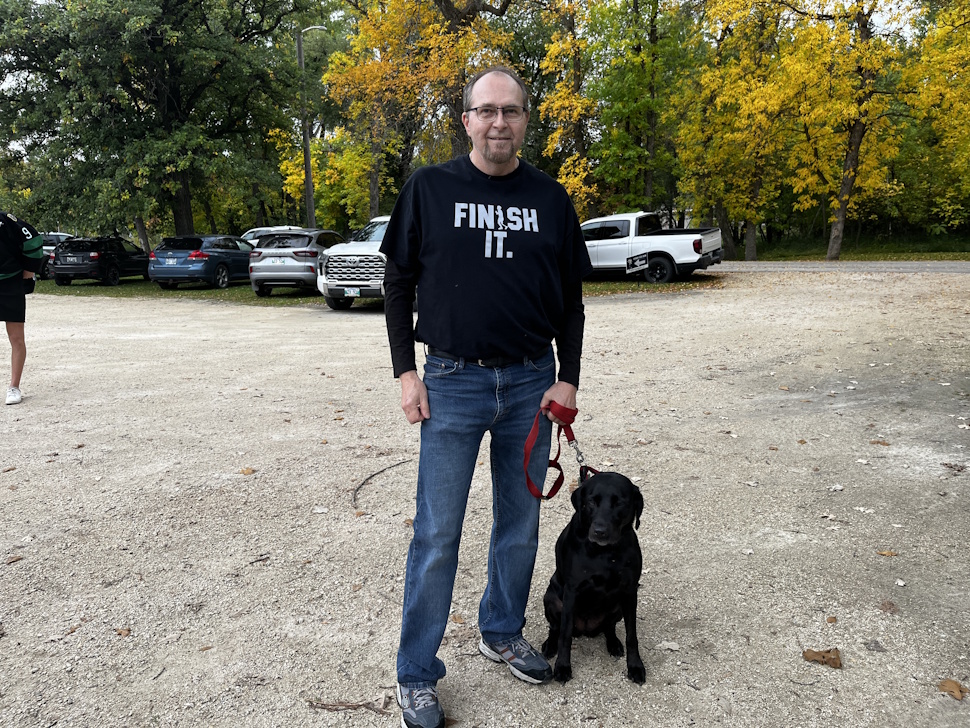 Longtime participant Dale Nickels and his dog join the 45th annual Terry Fox Run in Portage la Prairie on Sunday. Nickels has taken part in every local run since 1980, proudly carrying on Terry’s legacy year after year. PortageOnline/Cory Knutt