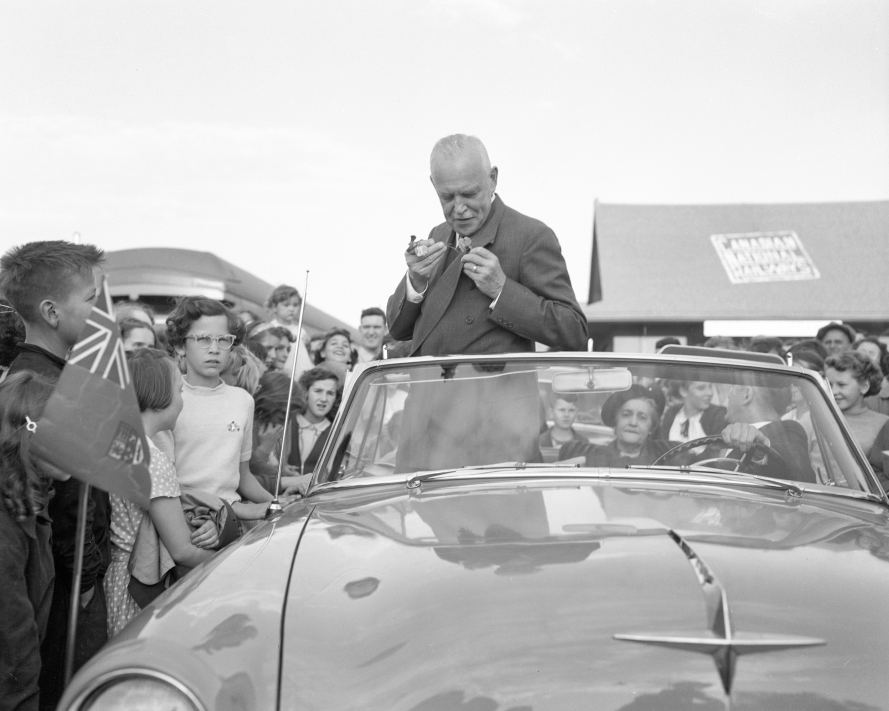 Prime Minister Louis St. Laurent stops in Portage la Prairie in 1952.