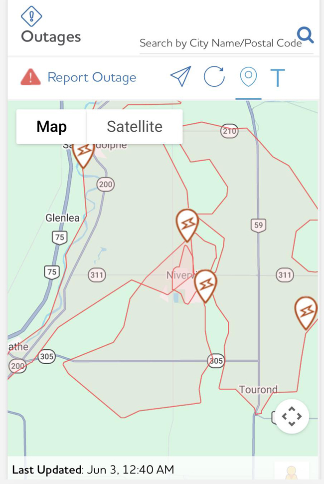 Manitoba Hydro Outages Map early Wednesday morning 