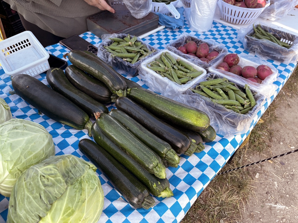 Freshly picked zucchinis, beans, cabbage, and potatoes arranged neatly on a farm market table.