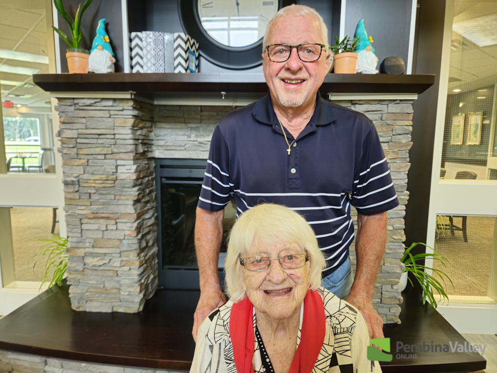 Vi Schroeder and her son Larry on Vi's 102nd birthday