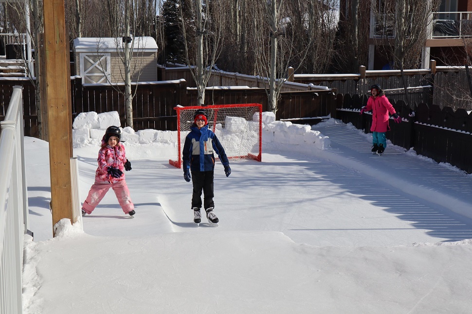 Alem (centre) Aniya (far right) and Arabel (left) show off the smooth and level portion used for hockey. 