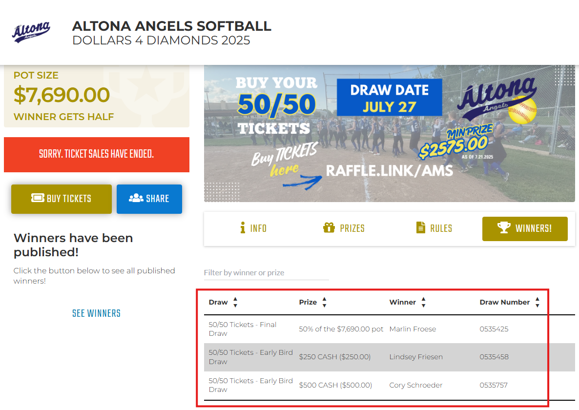 The 2025 Dollars for Diamonds 50/50 Winners