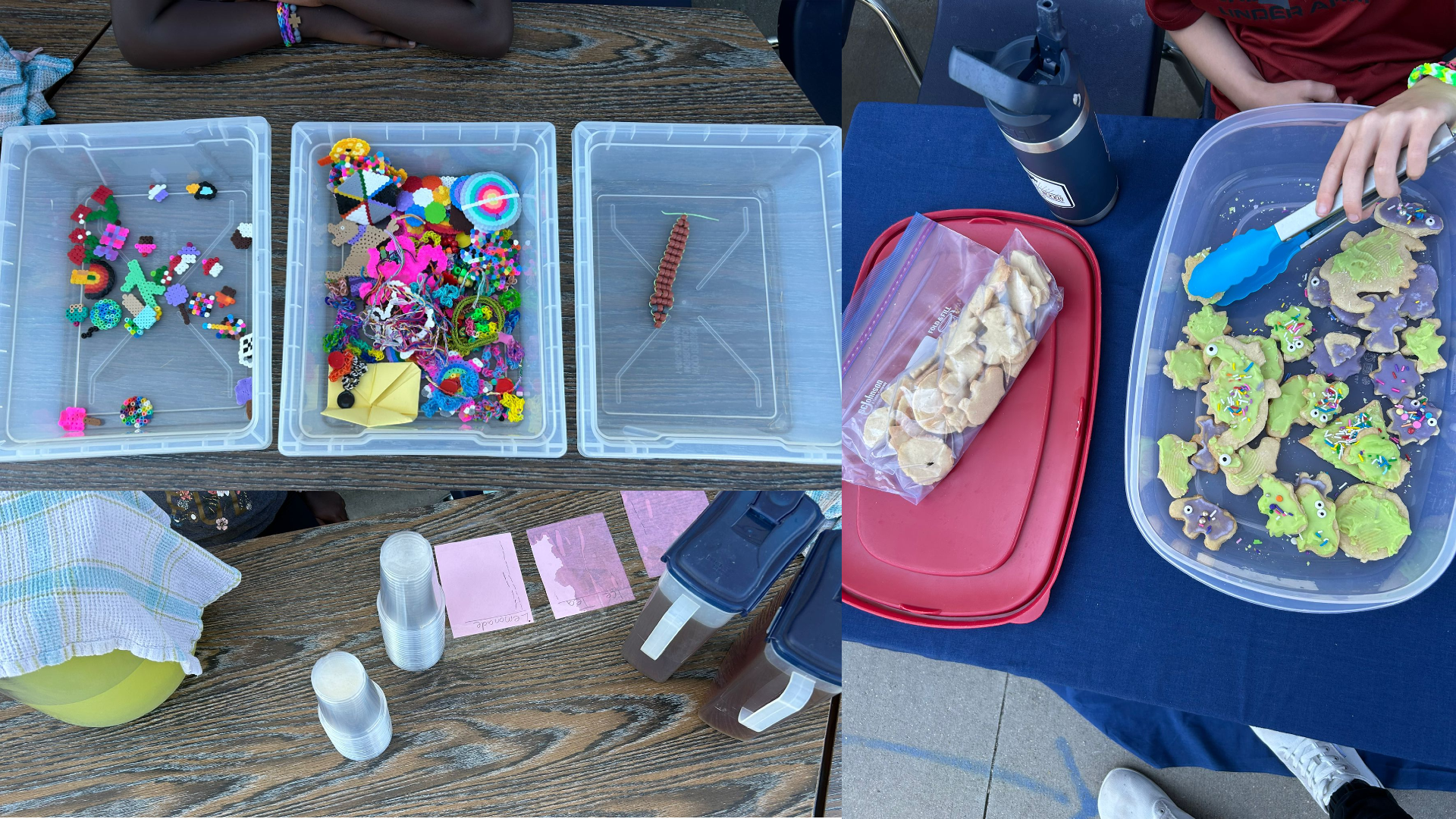 Iced Tea/Lemonade, Bracelets and cookies being sold at the Kiddie Sunshine Centre Bake Sale