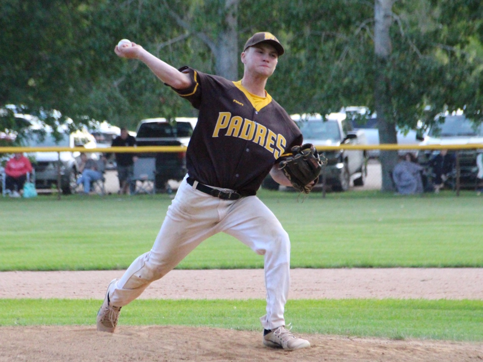 Portage Padres pitcher Chad Melnick in mid-throw during Game 5 of the Santa Clara Baseball League final against the Plumas Pirates.
