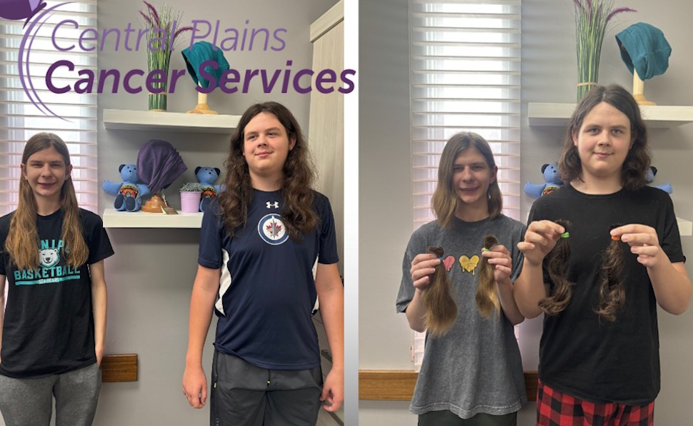 Side-by-side photos of Lucas Citulsky and Nathan Nicholls before and after cutting 10 inches of their hair for a cancer care fundraiser.