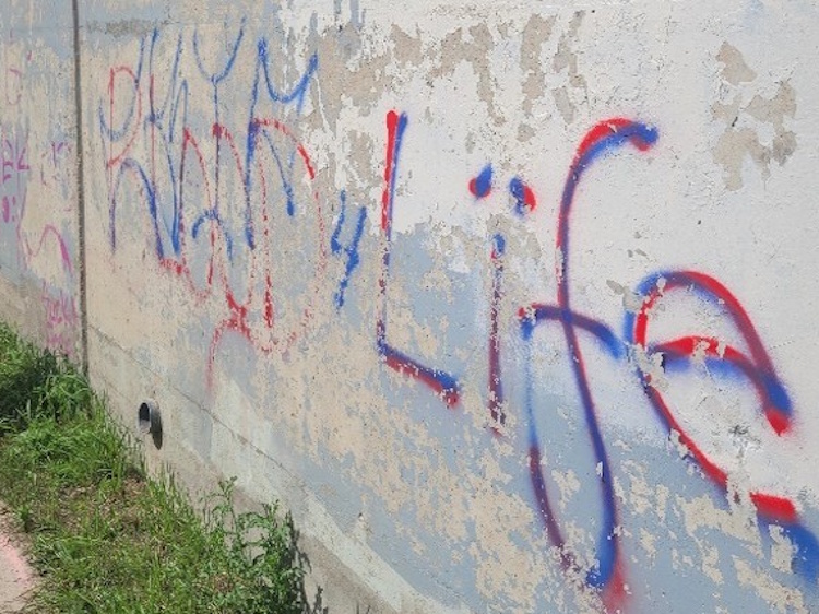 Graffiti on a wall partially painted over by Portage green team.