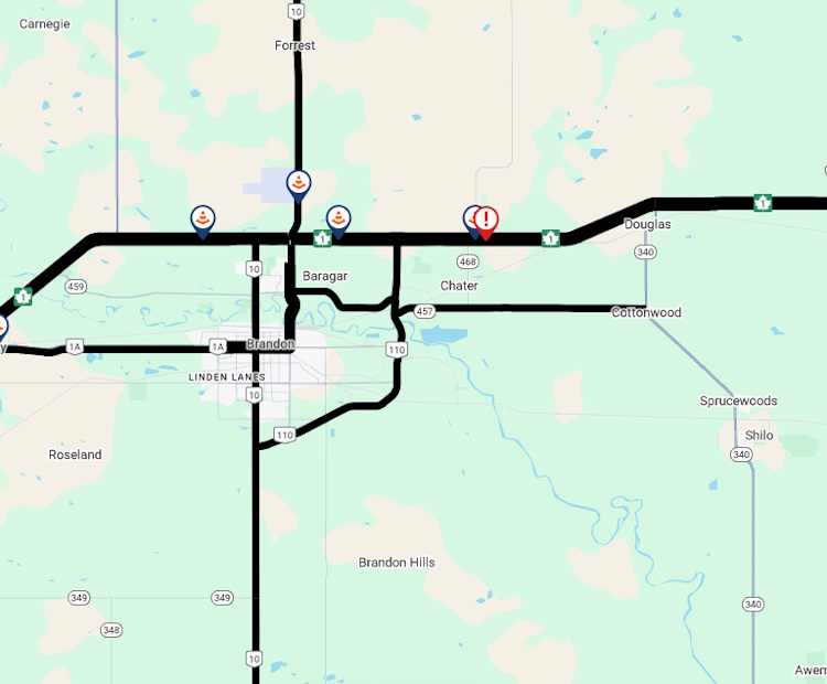Map highlighting the area of a motor vehicle collision on Highway 1 eastbound near Highway 468.