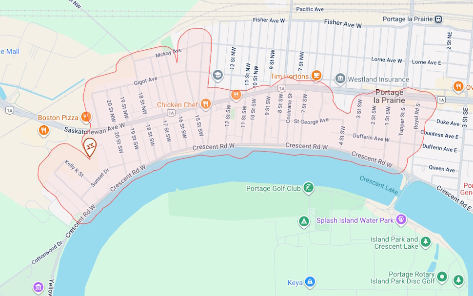 Map showing the area affected by a power outage in Portage la Prairie, including neighbourhoods south of Saskatchewan Avenue from Royal Road to Elm Street and some areas north of the avenue along the same stretch.