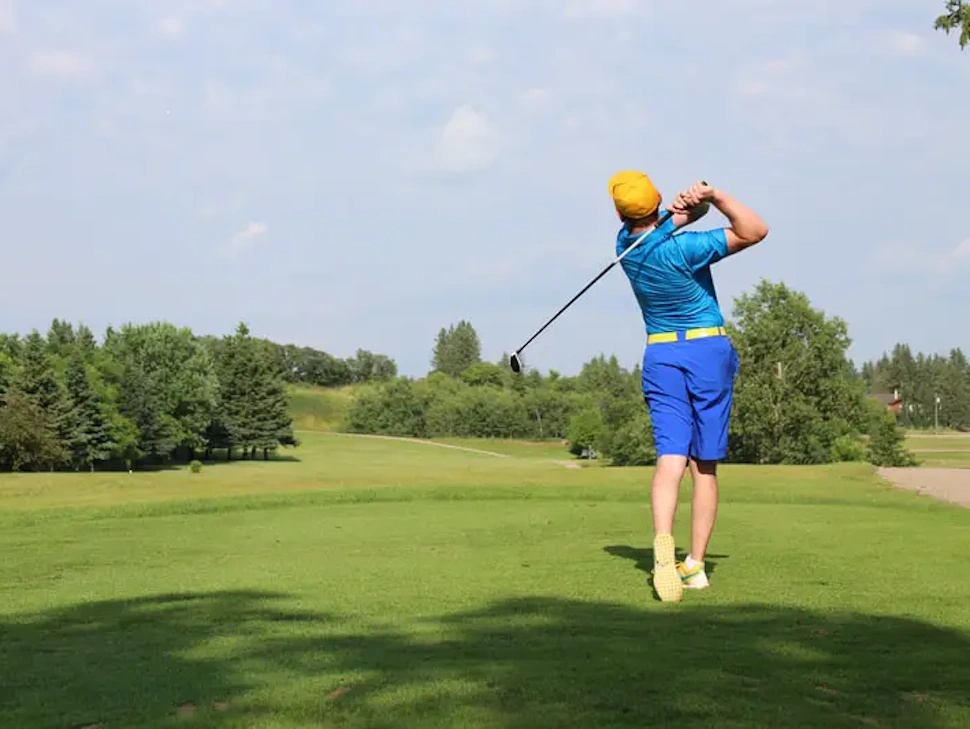 Patrick Law swinging during a previous Marathon Monday fundraiser in Glenboro. Law and longtime friend Dylan Thornborough played 18 straight hours of golf this year for their 14th annual event. Submitted Photo/Patrick Law