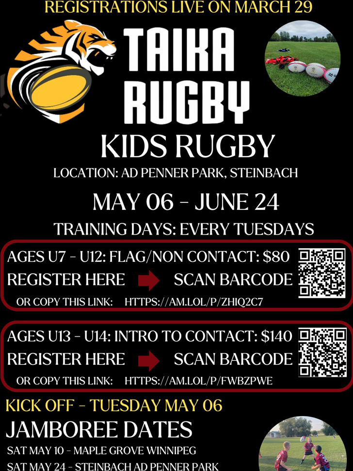 A poster with details for kids rugby.