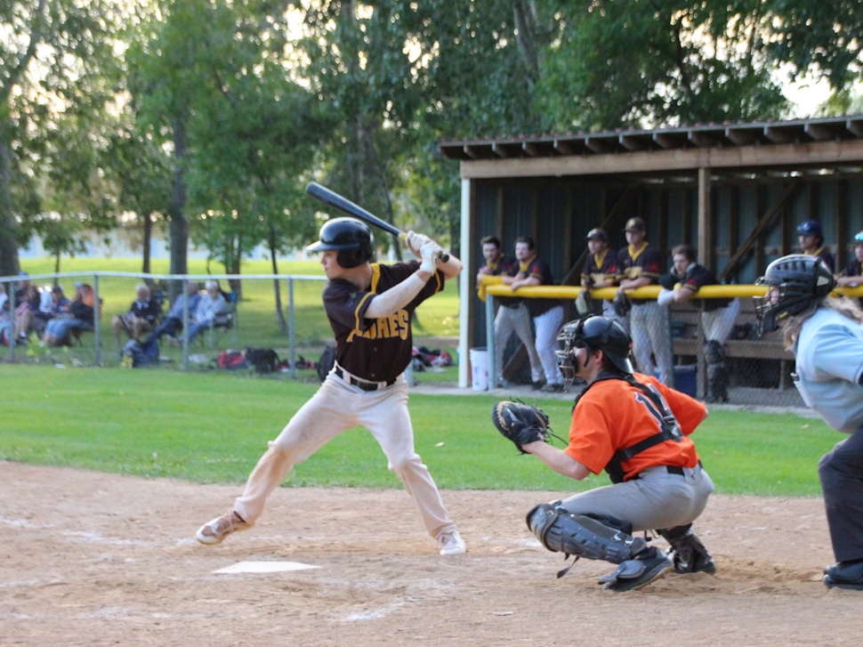 Portage Padres second baseman Tanner Boyle standing at the plate, preparing to swing during Game 5 of the Santa Clara Baseball League final, just before hitting a grand slam.