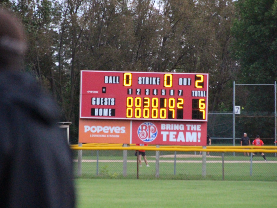 The final scoreboard at Rotary Republic Park showing Portage Padres 7, Plumas Pirates 6, after Game 5 of the SCBL championship series.
