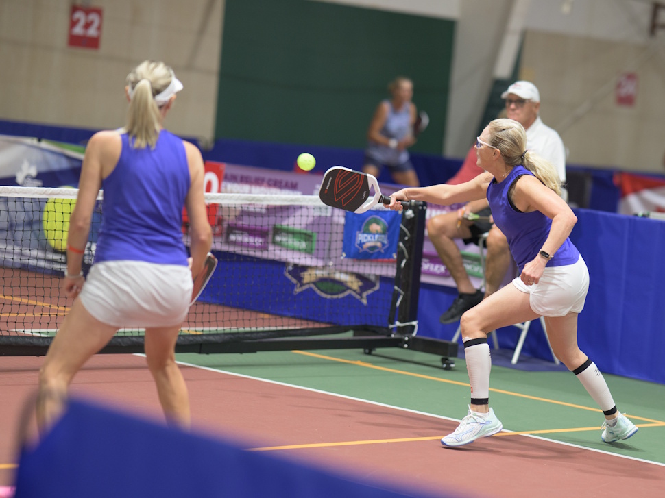 Sue Davidson and Robin Chase play a doubles match on the pickleball court during the 2025 National Pickleball Championship in Winnipeg.