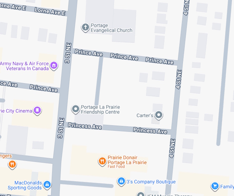 Map showing the temporary road closures on Prince Avenue and Princess Avenue, between 3rd Street NE and 4th Street NE in Portage la Prairie.
